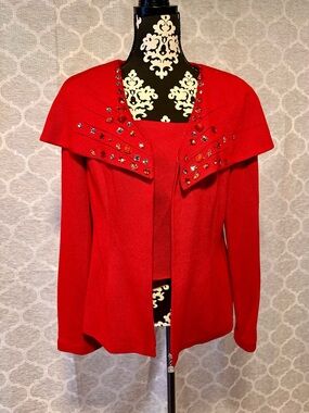 Donna Vinci Knit VTG red luxury knit sweater jacket w/beautiful rhinestones sz10